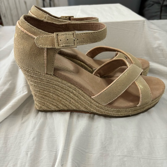 Toms Shoes - TOMS Golden Beige Cross Strap Wedge Heels 8